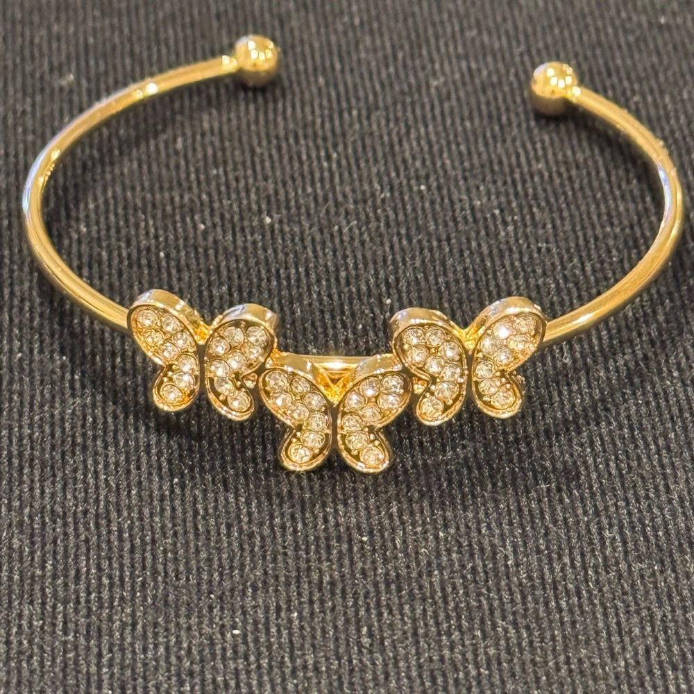 Fashion Jewelry Gold Triple Butterfly Clear Crystal Open Cuff Bracelet
